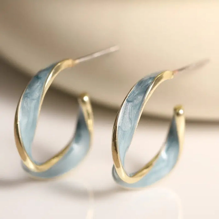 Blue Enamel Twisted C-Shaped Stud Earrings