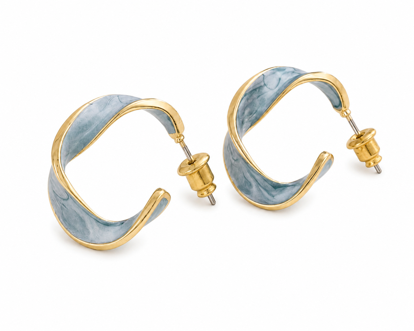 Blue Enamel Twisted C-Shaped Stud Earrings