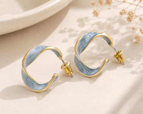 Blue Enamel Twisted C-Shaped Stud Earrings
