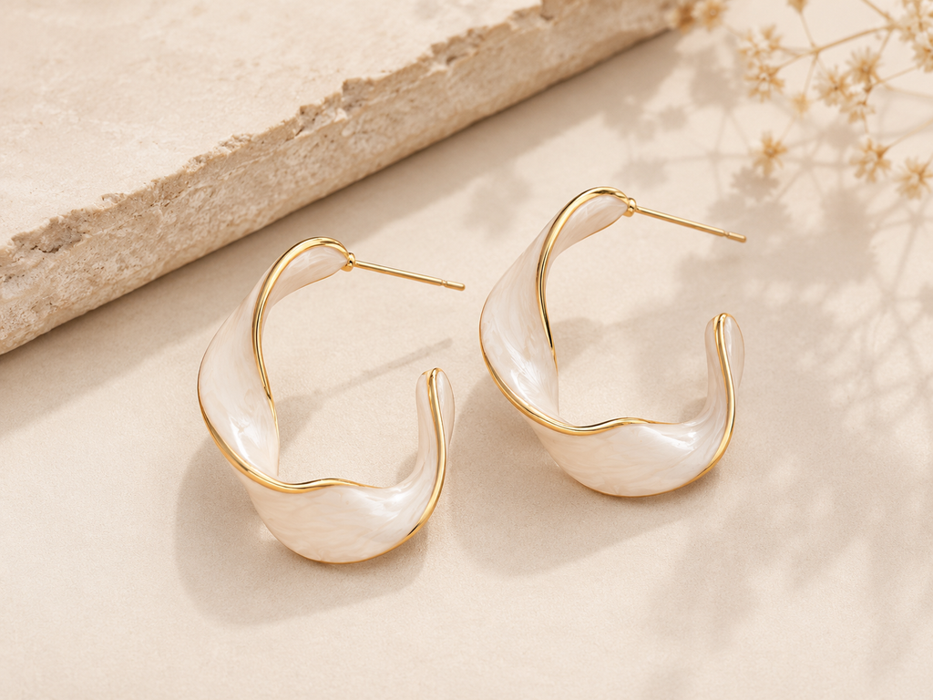 Enamel White Twisted C-Shaped Earrings